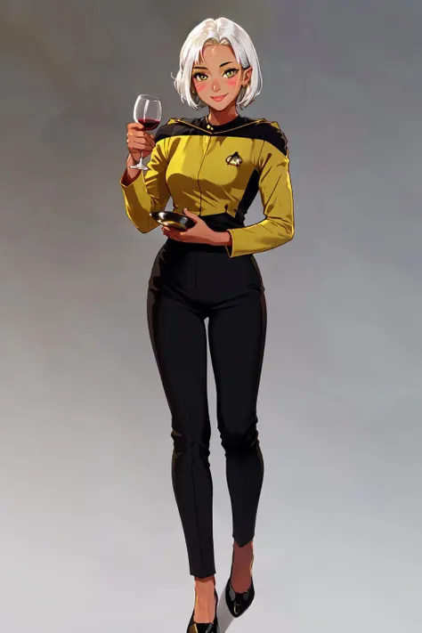 (trekngs1 yellow and black uniform with black pants:1.3), 1girl, solo, looking at viewer, blush, smile, short hair, simple background, white background, holding,, medium breasts, standing, full body, white hair, dark skin, black footwear, dark-skinned female, cup, grey eyes, facial mark, holding cup, alcohol, drinking glass,, wine glass <lora:STNGV3new:0.8>