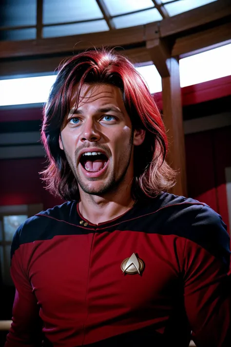 young sebastian bach screaming in red trekngs1 on entps bridge, 8k uhd, dslr, soft lighting, high quality, film grain,masterpiece quality,Fujifilm XT3<lora:STNGV3new:0.8>