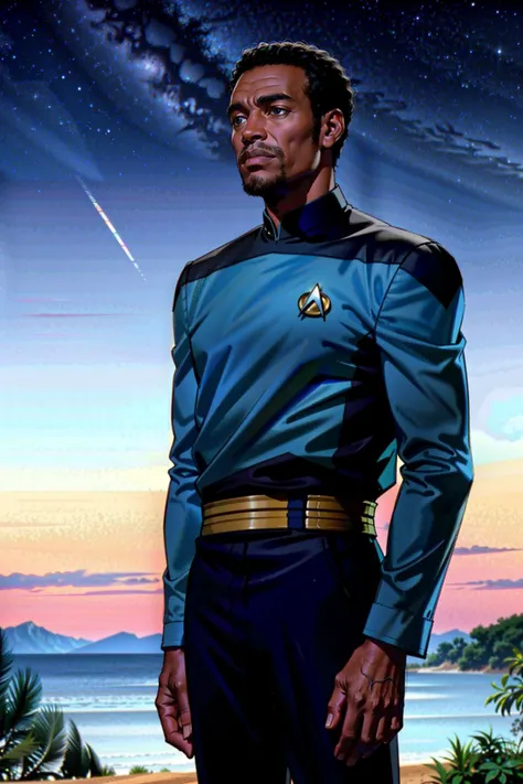 african man in blue and black (s3stngunf :1.2),black pants,looking at the sky,stars<lora:TNGS3Standalone:0.8>