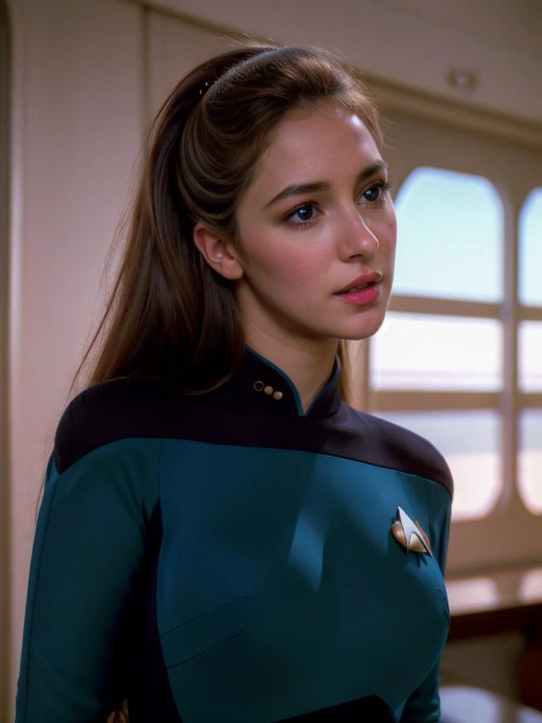a photo of pretty j3nny-001 (s3stngunf blue uniform:1.2),black pants, long sleeves, photo realistic, looking at viewer, (head and shoulders closeup:1.2). <lora:TNGS3Standalone:1>. fcHeatPortrait, blue eyes
