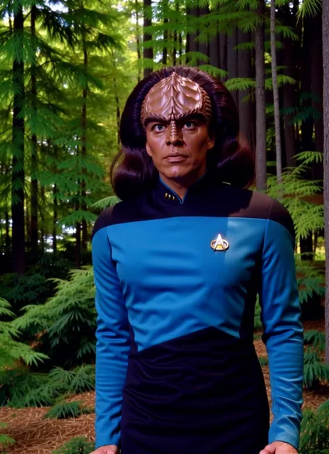 a klingon in a science s3sttngsuit uniform,in a forest, 8k uhd, dslr, soft lighting, high quality, film grain,masterpiece quality,Fujifilm XT3<lora:STTNGV018:0.7>