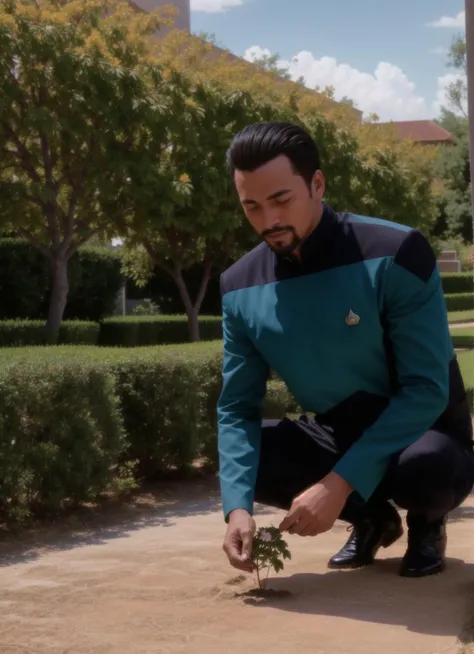 a man in a s3sttngsuit uniform is planting a flower,in a garden, 8k uhd, dslr, soft lighting, high quality, film grain,masterpiece quality,Fujifilm XT3<lora:STTNGV018:0.7>