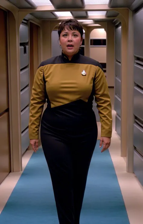 a chubby woman in a yellow and black s3sttngsuit uniform on a spaceship bridge,best quality<lora:STTNGV018:0.8>