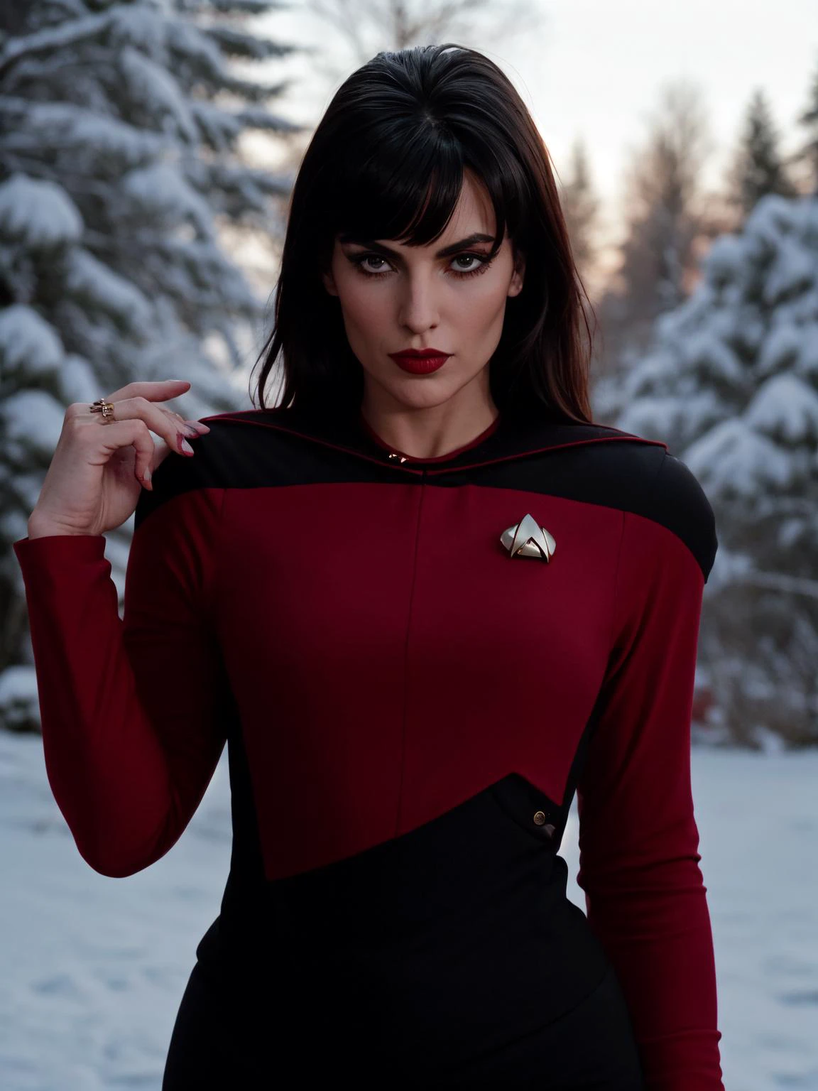 woman,, (rocker style:1.3), (wearing trekngs1 red uniform, winter season:1.2), (highly detailed skin, skin texture:1.2), (raw photo, 35mm photograph, film, professional, 4k, highly detailed:1.1) <lora:STNGV3new:0.8>