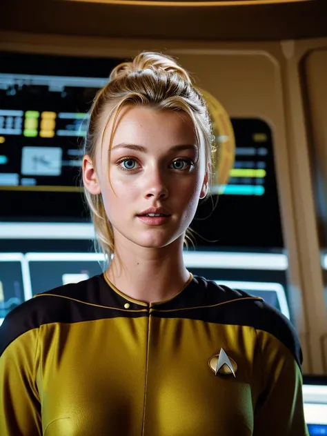aphoto of mar1na-001 in yellow sttldunf uniform, looking at camera. <lora:STTLDV1:0.8> PA7_Human-Likeness