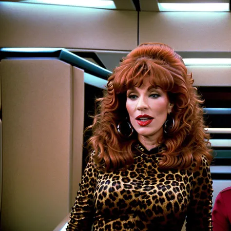 <lora:Peggy Bundy:0.7>Peggy Bundy in leopard skin trekngs1 in enterprise medbay,solo,big red hair,big breasts, red lips,big earrings, realistic<lora:TNGV2:0.7>,analog style