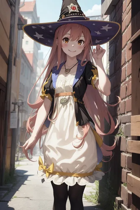 masterpiece, best quality, absurdres, perfect anatomy, 1girl, solo, Wilbell von Ersleid, very long hair, bangs, witch hat, white dress, yellow bow, black pantyhose, black jacket, puffy short sleeves, open jacket, necklace, standing, smile