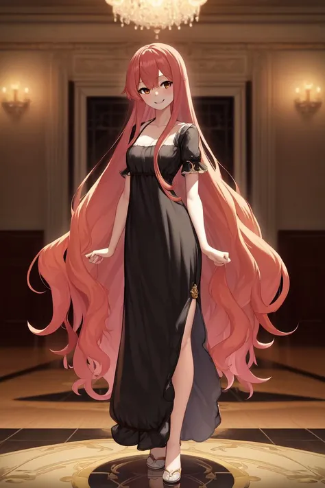 masterpiece, best quality, absurdres, perfect anatomy, 1girl, solo, Wilbell von Ersleid, very long hair, bangs, elegant, long dress, black dress, halterneck, smile, indoors, reflective floor, ball room
