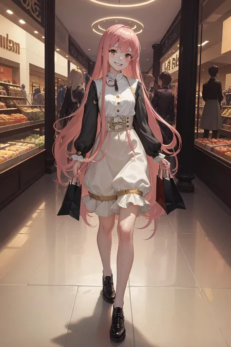 masterpiece, best quality, absurdres, perfect anatomy, 1girl, solo, Wilbell von Ersleid, very long hair, bangs, high-waist skirt, long skirt, white skirt, black shirt, long sleeves, smile, standing, indoors, shopping mall