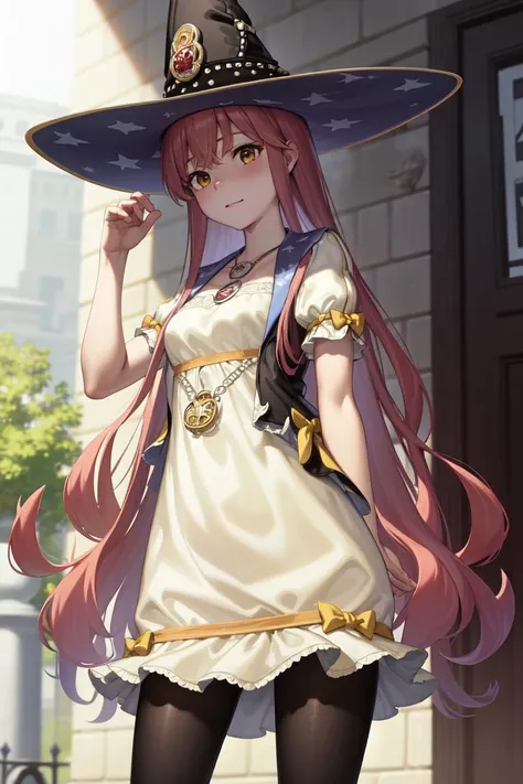 masterpiece, best quality, absurdres, perfect anatomy, Wilbell Voll Ersleid, very long hair, bangs, witch hat, white dress, yellow bow, black pantyhose, black jacket, puffy short sleeves, open jacket, necklace