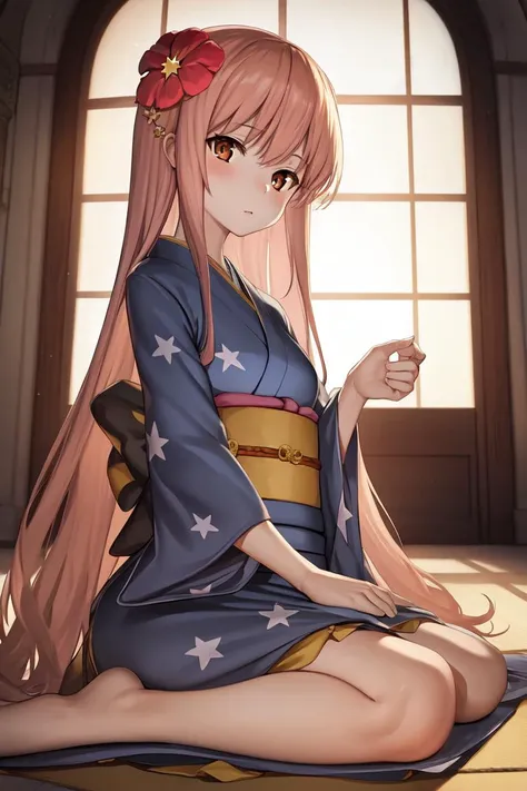 masterpiece, best quality, absurdres, perfect anatomy, 1girl, solo, Wilbell von Ersleid, very long hair, bangs, indoors, kimono, hair flower, star print, wariza, sitting, hands on own knees
