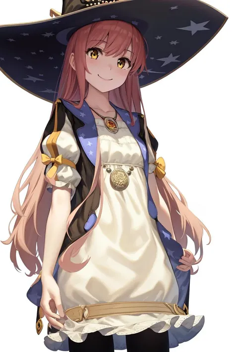masterpiece, best quality, absurdres, perfect anatomy, 1girl, solo, Wilbell von Ersleid, very long hair, bangs, witch hat, white dress, yellow bow, black pantyhose, black jacket, puffy short sleeves, open jacket, necklace, standing, cowboy shot, smile, white background, simple background