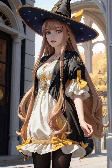 professional photo of Wilbell Voll Ersleid, very long hair, bangs, witch hat, white dress, yellow bow, black pantyhose, black jacket, puffy short sleeves, open jacket, necklace,
detailed skin, detailed eyes, looking at viewer,
volumetric light, highrez, masterpiece, best quality,
<lora:CHAR-WillbellVollErsleid:0.85:MIDD>