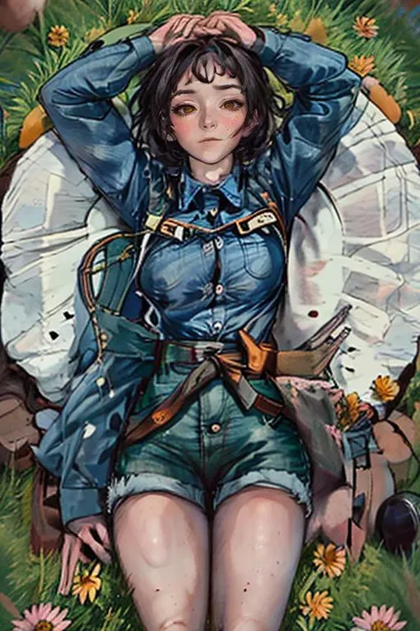 (masterpiece, best quality), 1girl, Ruby Textured Quiff with Low Fade, Size H breasts, Canary yellow Button-up denim shirt with rolled-up sleeves. and Tie-waist shorts, socks, Lying on a field of flowers, hands intertwined behind the head, feeling relaxed.,   <lora:Mossa:1>