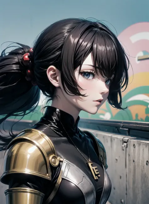 anime key visual, slender woman dressed in elegant armor, >(, Tribal hair styled as Chignon, Post-Impressionism, F/5, Vibrant Color, dynamic angle, simple background <lora:flat2:-0.5>