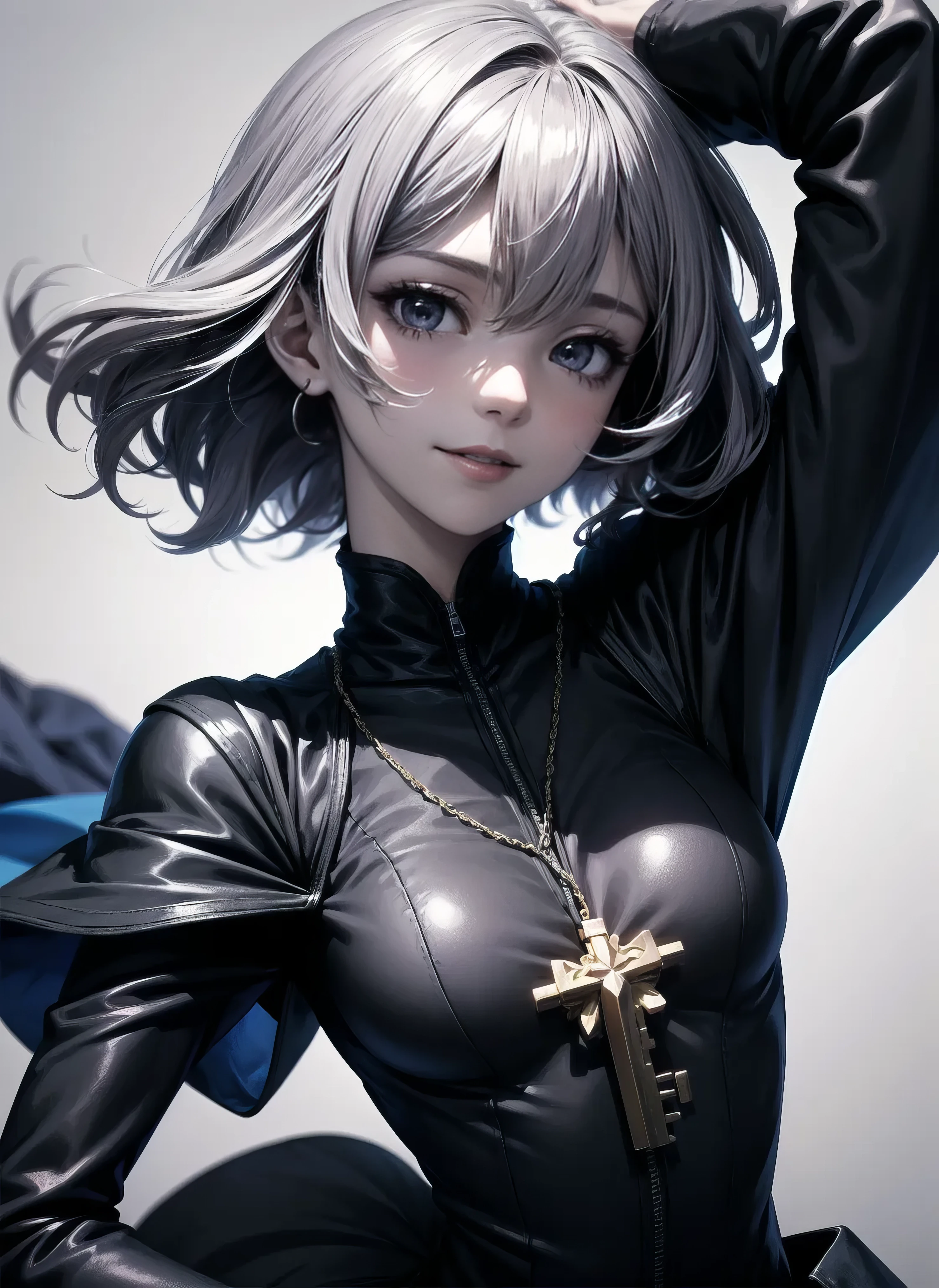 art by Lauren Faust, (art by Shinji Aramaki:1.2) , anime key visual, slender woman dressed in elegant armor, >*, Smiling Gray hair, deep focus, masterpiece, Nihilcore, dynamic angle, simple background <lora:flat2:-0.5>
