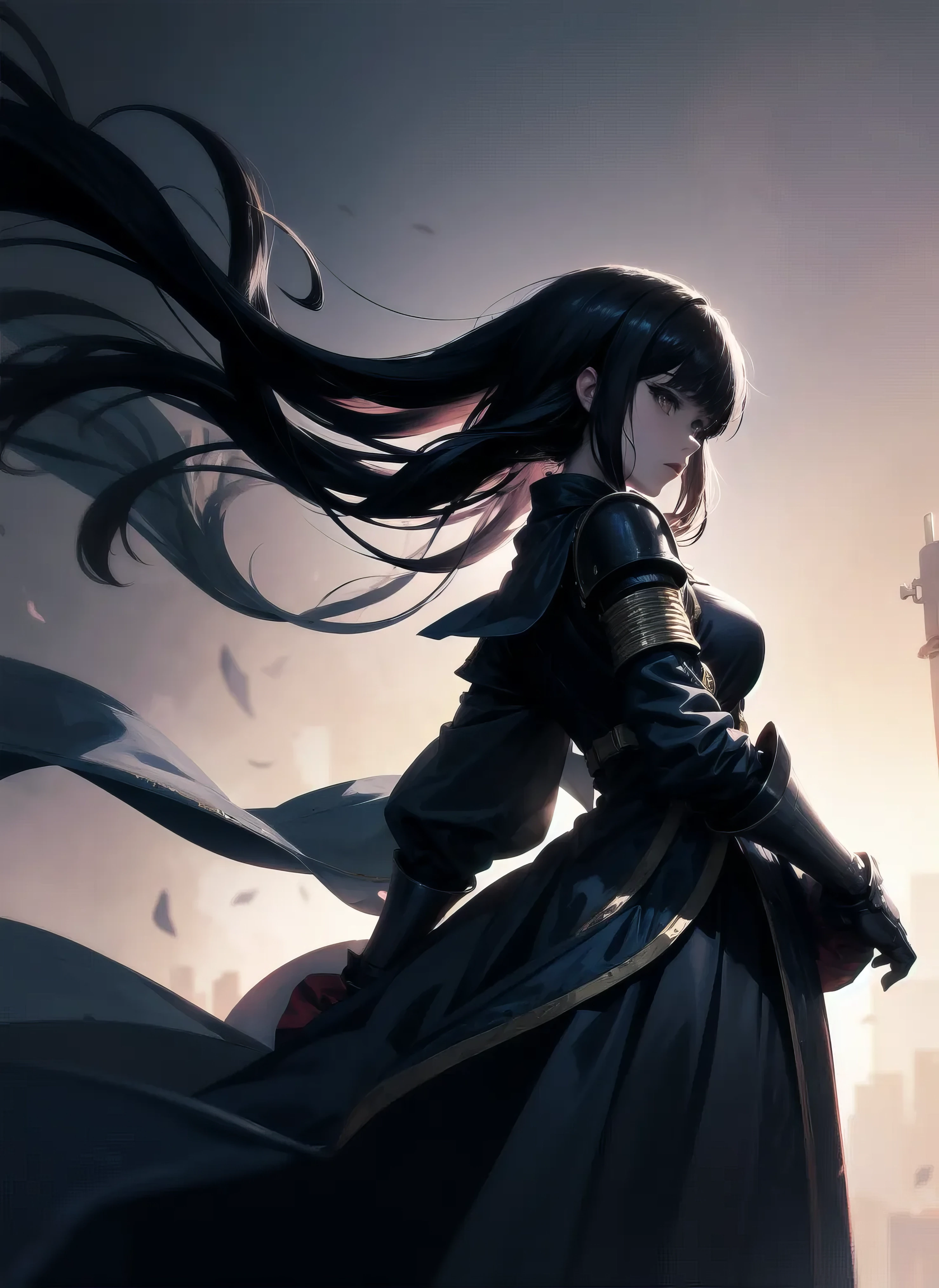 ASCIIanime key visual, slender woman dressed in elegant armor, concept art, Bathed in shadows, Bokeh, loop lighting, Low Contrast, (art by Rumiko Takahashi:0.8) , dynamic angle, simple background <lora:flat2:-0.5>