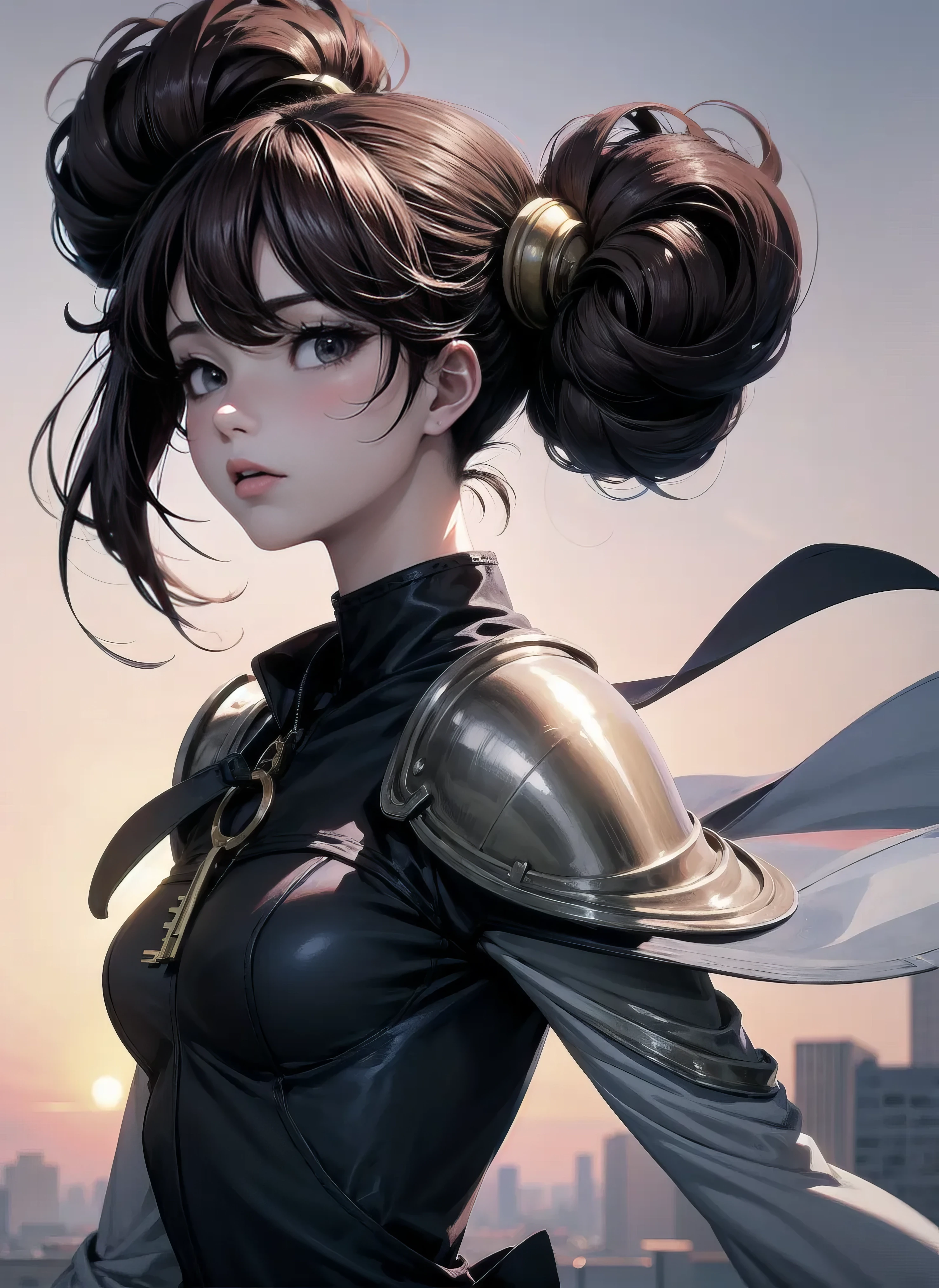 ASCIIart by Ken Sugimori, anime key visual, slender woman dressed in elegant armor, Tilted head, Tasteless hair, Bantu knots hairstyle, horizon-centered, Sketched, F/5, dynamic angle, simple background <lora:flat2:-0.5>