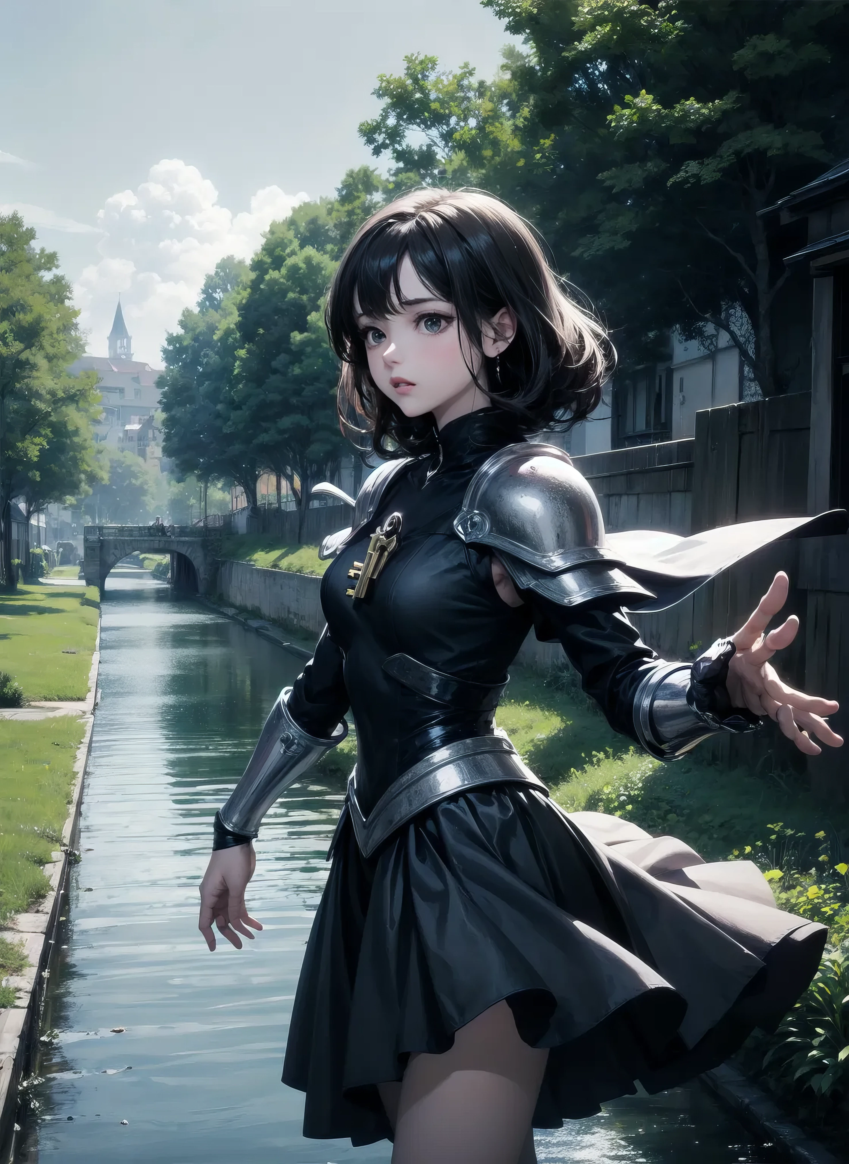 ASCII[art by Hikari Shimoda|art by Sailor Moon], anime key visual, slender woman dressed in elegant armor, Warlord, Average Canal in background, soft focus, dynamic angle, simple background  <lora:flat2:-0.5>
