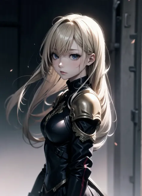 ASCIIanime key visual, slender woman dressed in elegant armor, Blonde Long layers hairstyle, Suffering, hair light, Depth of field 270mm, Kodak portra, dynamic angle, simple background <lora:flat2:-0.5>