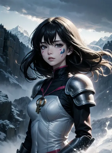 ASCIIart by Naoko Takeuchi, anime key visual, intricate details, slender woman dressed in elegant armor, Talented Sports Team Face Paint, Hungarian Rings, Delicate The Rockies in background, Stormy weather, soft light, dynamic angle, simple background <lora:flat2:-0.5>
