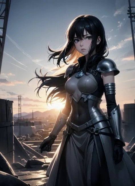 ASCIIart by Yoshiyuki Tomino,art by Makoto Shinkai, anime key visual, slender woman dressed in elegant armor, inside of a Coal mine, Sun in the sky, Bokeh, Fine art, Unsplash, dynamic angle, simple background  <lora:flat2:-0.5>