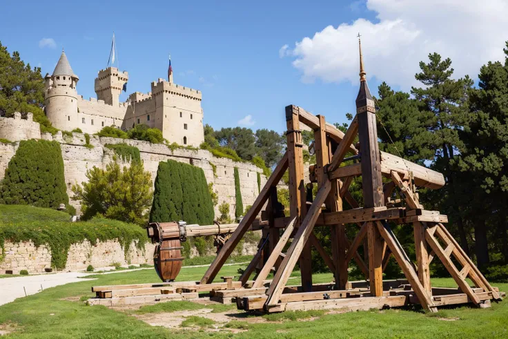 (masterpiece, best quality:1.2), ultra-detailed, Trebuchet in front of castle, (realistic:1.5), <lora:EdobMedievalCatapult_v1.0:0.8>
