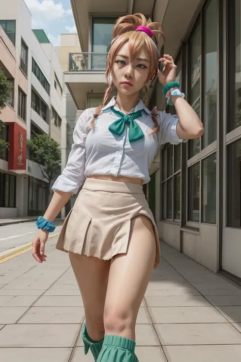 (masterpiece, best quality), 1girl, <lora:OGT_Yukana_Yame-v2:1> Yukana Yame, 1girl, breasts, solo, blonde hair, loose socks, g virtual youtuber, ponytail, multicolored hair, jewelry, scrunchie, looking at viewer, green skirt, brown footwear, white shirt, loafers,