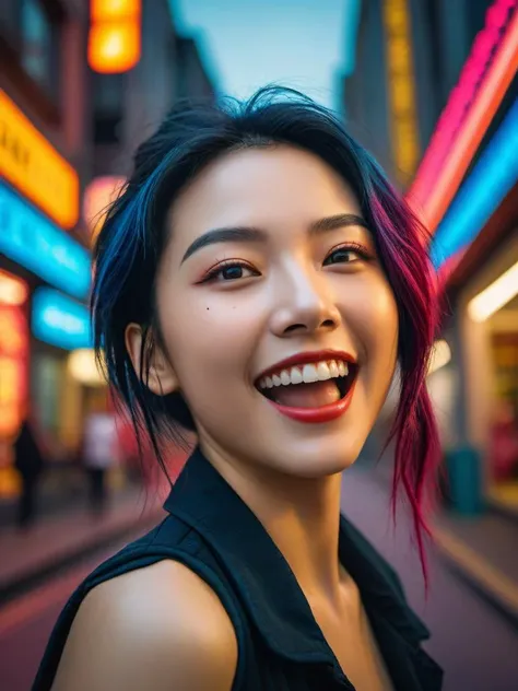 documentary photography,((dynamic action sequences)),intricate character designs,(urban fantasy setting),vivid color contrasts,expressive facial expressions, a close-up of a girl,smile,cosmetics,color background,