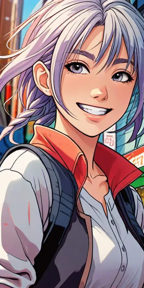 A scene from Oh! great's manga,((dynamic action sequences)),intricate character designs,(urban fantasy setting),vivid color contrasts,expressive facial expressions,
a close-up of a girl,smile,cosmetics,color background,