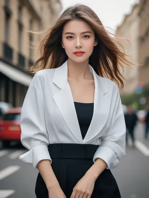 A portrait of a girl,upper body,exuding allure,girl,(alluring appearance:1.2),expressive eyes,realist style,reality,photo,skin texture,dermatoglyphy,full body,frown,a layered background,clothes blown up by the wind,nervous,staring at the camera,(hair blown by a gentle breeze:1.2),fashion,fashion clothes,black style,an angular face,black fashionable formal attire,skyscraper,busy street,smile,model pose,(fashion metropolis:1.4),busy crowds,future style,