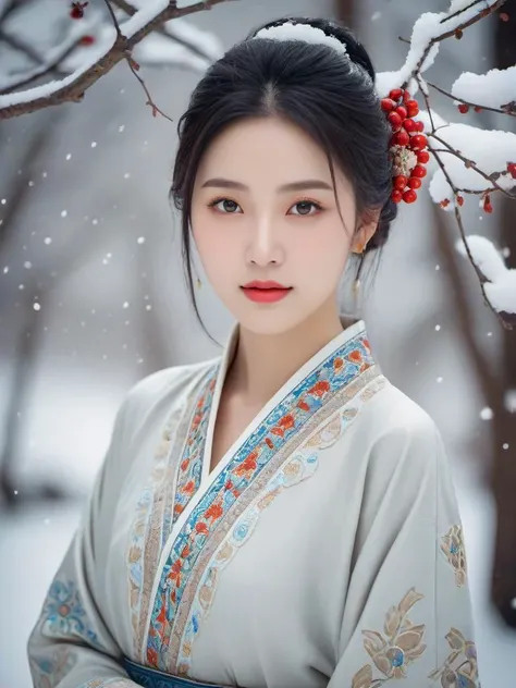 A portrait of a girl,upper body,in an Eastern artistic style,exuding allure,girl,(Eastern art),alluring appearance,expressive eyes,subtle background,bright environment,chinese style,typing art background,realist style,reality,photo,skin texture,dermatoglyphy,full body,snowscape,