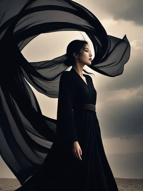 A woman facing the wind with a black theme,exuding a mysterious Eastern romance,woman,facing wind,(black theme),mysterious ambiance,(Eastern romance),flowing attire,