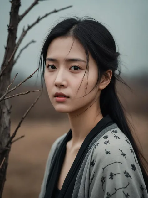 A charming girl facing the wind,with Eastern art influence,a tense expression,and a black theme,A depiction of the phrase 'My heart delights in you,but you do not know',unrequited love,(yearning expression),hidden emotions,(poetic ambiance),subtle landscape,withered branches,barren hill,a sad atmosphere,an ethereal scene,strong wind,heartache,looking at the camera,tears,sad,crying,