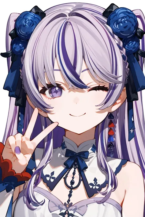 (score_9,score_8_up,score_7_up,),<lora:xuelian3-000008:0.9>,xuelian,white background,dress,multicolored hair,virtual youtuber,hair flower,hair ornament,purple hair,purple eyes,simple background,seductive_smile,wink,v,upper_body,face_focus,
