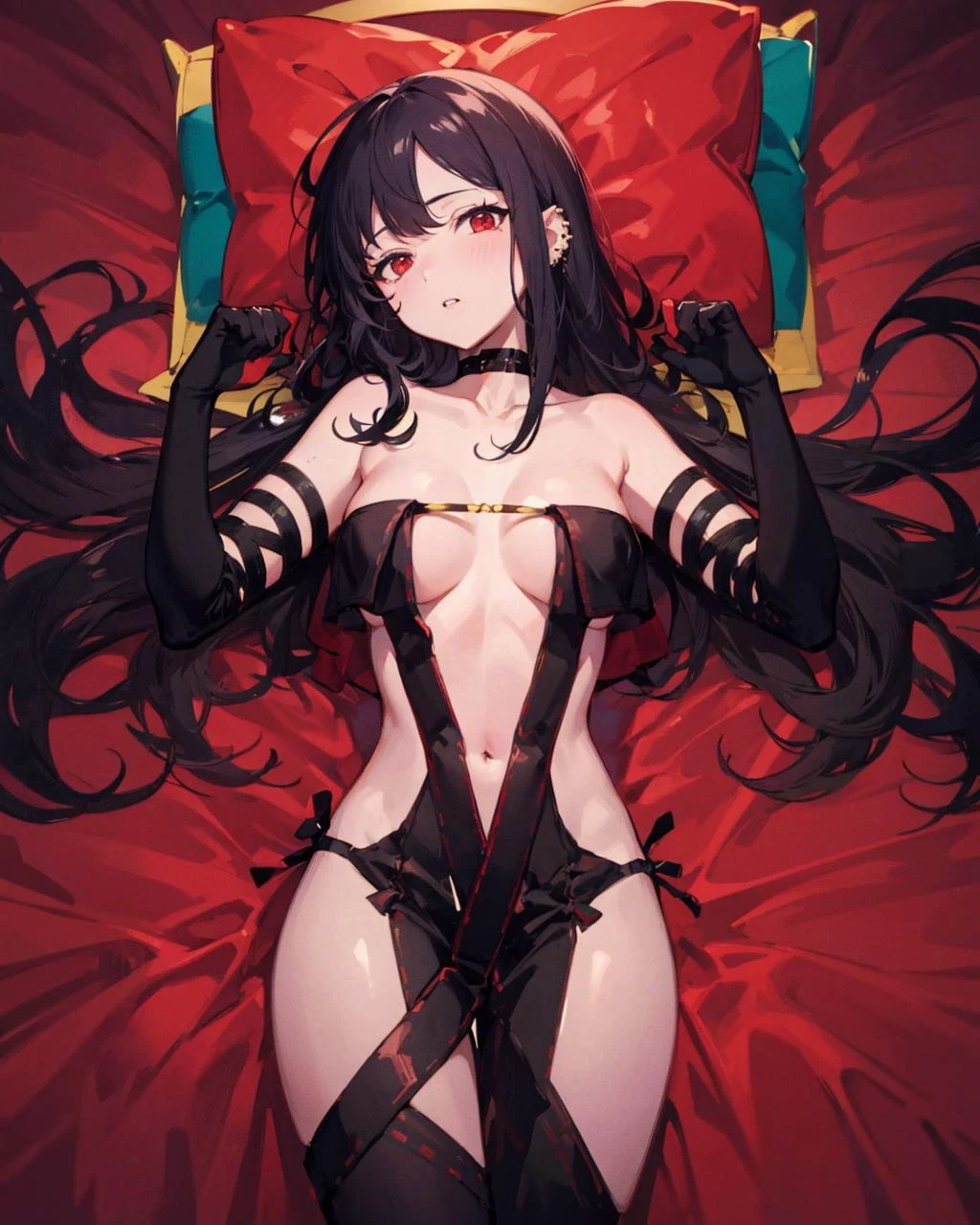 masterpiece, best quality,shiny,chromatic aberration abuse,pastel color,<lora:OutfitYuMeiRenBlackDress:1>,
black dress,bare shoulders, navel,elbow gloves,gloves, red background,
1girl,solo,large breasts, red eyes, long hair, choker,
black hair, ear piercing, yu mei-ren \(fate\),
, spider lily, fire,blood on_face,blood,
lying on back, parted lips, dakimakura \(medium\), wet hair, very long hair, messy hair,
