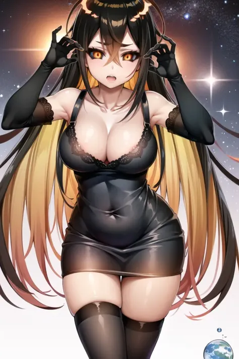 best quality, masterpiece, BlackHoleV4, 1girl, solo, breasts orange eyes, personification, colored inner hair, hair censor, galaxy, sweater, black legwear, black skirt, skirt, planet, earth (planet), ankle boots, boots