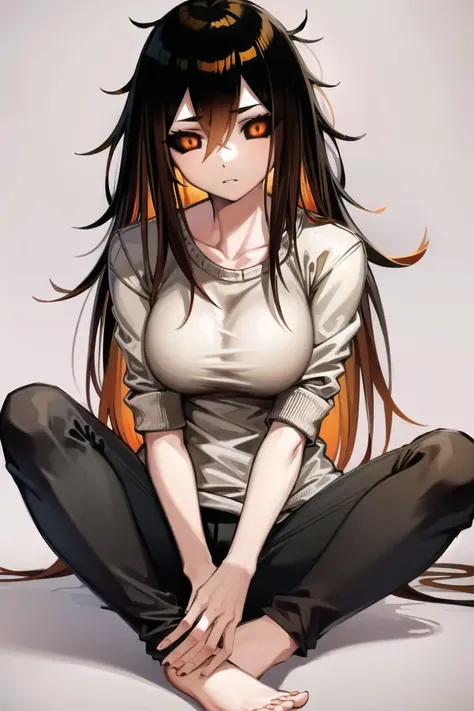 best quality, masterpiece, BlackHoleV4, 1girl, solo, breasts orange eyes, personification, colored inner hair, hair censor, sitting, barefoot, sweater, black pants