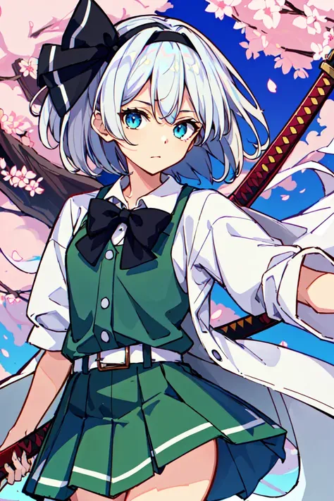 masterpiece, intricate detail,best quality, <lora:ysz:0.8>konpaku_youmu, petals, sword, weapon, cherry_blossoms, 1girl, solo, katana, green_skirt, ribbon, sheath, hairband, black_hairband, hair_ribbon, holding_sword, skirt, black_ribbon, silver_hair, belt, short_sleeves, flower, hitodama, holding, shirt, konpaku_youmu_ghost,