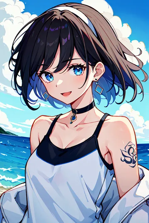 masterpiece, intricate detail,best quality, <lora:ysz:0.8>1girl, solo, looking_at_viewer, smile, short_hair, open_mouth, bangs, blue_eyes, bare_shoulders, jewelry, upper_body, white_hair, earrings, multicolored_hair, choker, virtual_youtuber, tank top,water, off_shoulder, streaked_hair, tattoo, floating_hair,hairband,beautiful detailed sky,beautiful detailed water,Splashing water,sunlight,ray tracing,masterpiece,