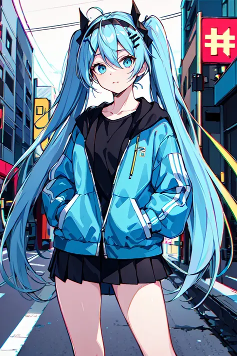 masterpiece,best quality,official art,extremely detailed CG unity 8k wallpaper, miku,OutdoorJackets,{{{oversize clothing}}},citypop,street wear,sneakers,miniskirt,(((chromatic aberration))),lens 135mm,f1.8,backlight,Hands in pockets,hairband,hair ornament,twintails,long hair,blue hair,long hair,solo,cool,grayu,bishoujo,{{Exquisite face}},<lora:ysz:0.8>