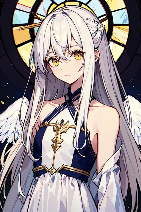masterpiece, ((best quality)),highly detailed,stained glass style,upper body,solo,(white_hair),long hair,yellow eye,petite,angel,halo,white_dress,<lora:ysz:0.8>