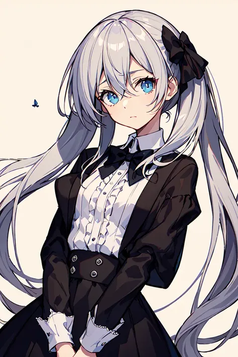 (masterpiece),(bestquality),(illustration),1girl, solo,((anextremelydelicateandbeautiful)),((girl)),cute,expressionless,beautifuldetailedeyes,greyeyes, silverhair,short twintails, ((very_long_hair)),{{Gothic_Lolita}},black_whiteskirt, bowtie, hair bow, [flying butterfly], ink and wash painting,<lora:ysz:0.8>