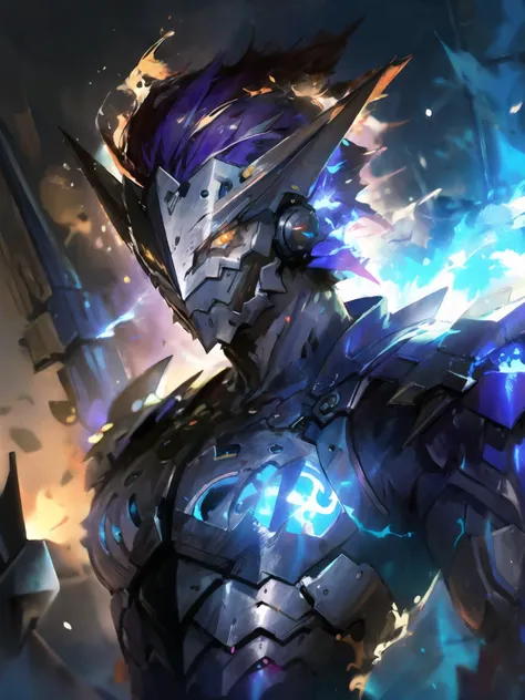 masterpiece,best quality,highres,cinematic lighting,dramatic angle,1boy,glowing yellow eyes,armor,<lora:ShadowverseMaskedGhostV2-000015:1:lbw=kmn>,holding flaming weapon,looking at viewer,flaming hair,pale skin,maskedform,portrait,