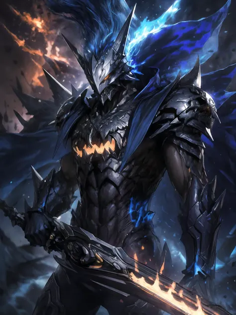 masterpiece,best quality,highres,cinematic lighting,dramatic angle,1boy,dark blue armor,maskedform,helmet,blue fire,holding flaming sword,looking at viewer,<lora:ShadowverseMaskedGhostV1-000015:0.8>,spikes,fangs,glowing yellow eyes,showing strength,ghost,souls,action pose,dynamic pose,dynamic angle,spikes,dark flame,extremeley detailed,grab pose,<lora:add_detail:1>,