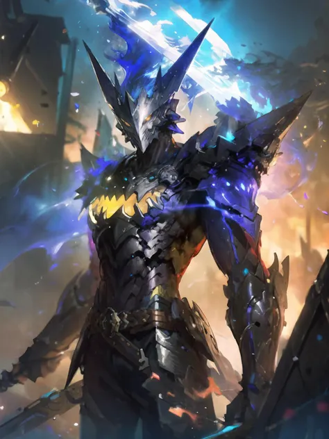 masterpiece,best quality,highres,cinematic lighting,dramatic angle,1boy,glowing yellow eyes,armor,maskedform,<lora:ShadowverseMaskedGhostV2-000020:1:lbw=kmn>,holding flaming weapon,looking at viewer,