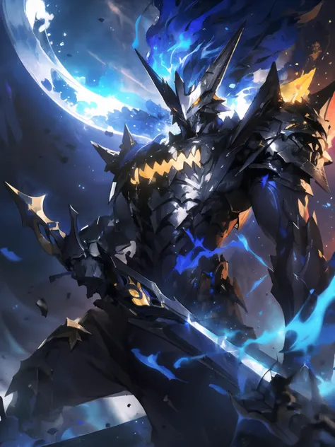 masterpiece,best quality,highres,cinematic lighting,dramatic angle,1boy,armor,maskedform,helmet,blue fire,holding sword,looking at viewer,<lora:ShadowverseMaskedGhostV1-000015:0.8>,teeth,spikes,fangs,glowing yellow eyes,showing strength,ghost,souls,action pose,dynamic pose,dynamic angle