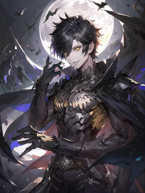 masterpiece,best quality,highres,cinematic lighting,dramatic angle,1boy,glowing yellow eyes,<lora:ShadowverseMaskedGhostV2-000020:0.8:lbw=kmn>,moon,(depth of field:1.5),streetscape,gothic architectures,black jacket,(amamiya ren:1.4),cape,hand covering own eyes,cool pose,tall collar,portrait,pale skin,evil smile,black hair,