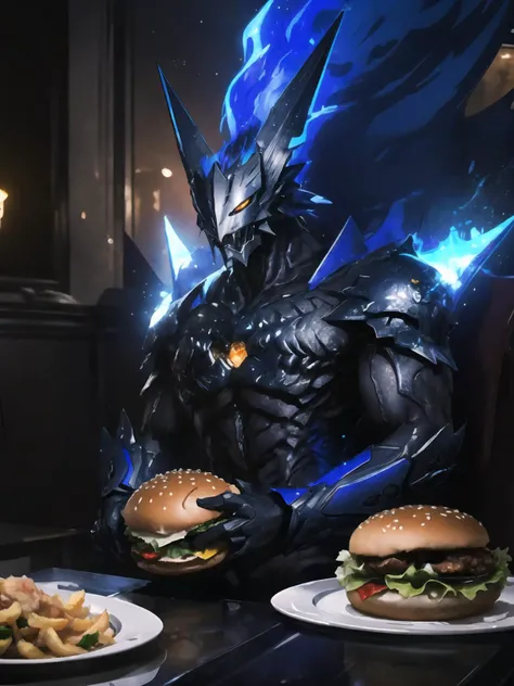 masterpiece,best quality,highres,cinematic lighting,dramatic angle,1boy,dark blue armor,maskedform,helmet,blue fire,looking at viewer,<lora:ShadowverseMaskedGhostV1-000015:0.8>,spikes,fangs,glowing yellow eyes,eating hamburger,fried chickens,french fries,sitting across table,spikes,