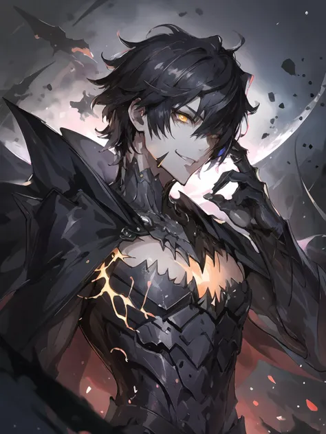 masterpiece,best quality,highres,cinematic lighting,dramatic angle,1boy,glowing yellow eyes,<lora:ShadowverseMaskedGhostV2-000020:0.8:lbw=kmn>,moon,(depth of field:1.5),streetscape,gothic architectures,black jacket,(amamiya ren:1.4),cape,hand covering own eyes,cool pose,tall collar,portrait,pale skin,evil smile,black hair,flaming chestplate